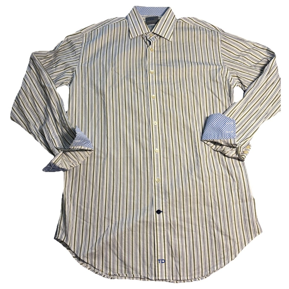 Thomas Dean Shirt Mens Multicolor Striped Excellent Gingham Trim 15.5 L